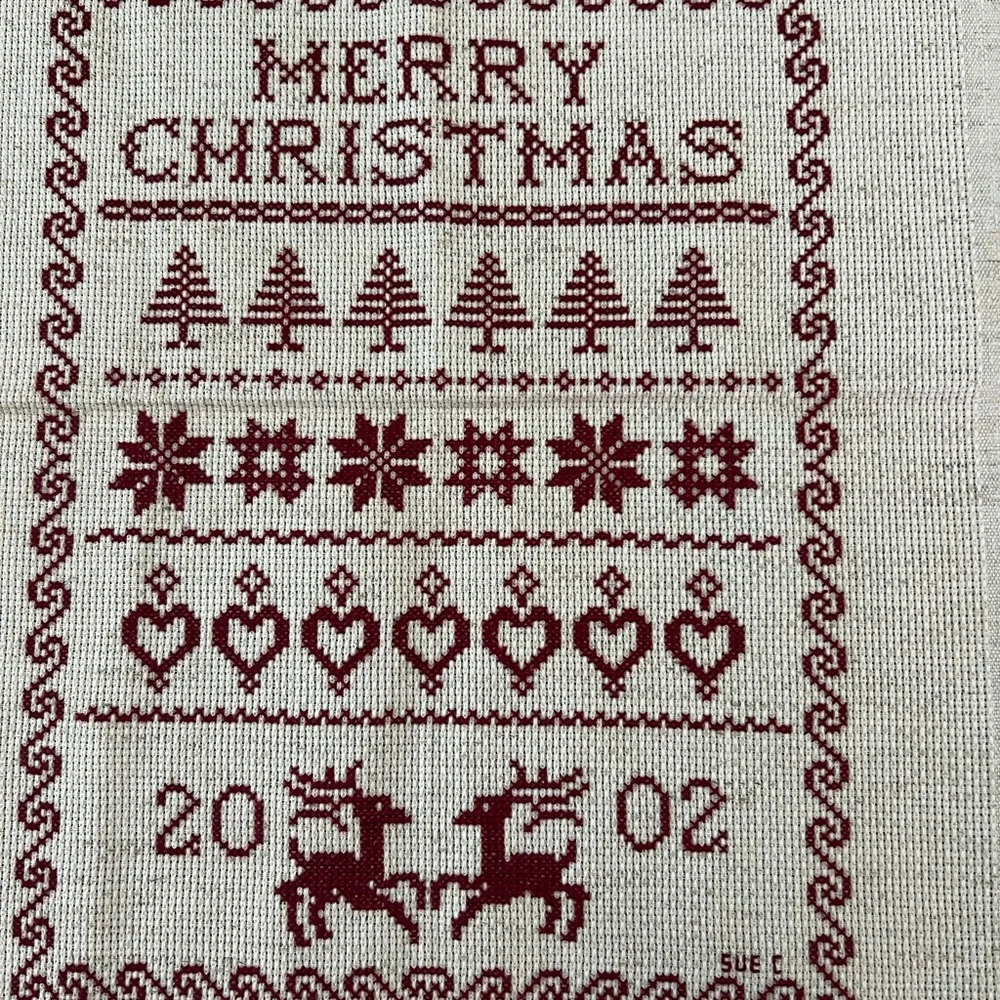 Merry Christmas Cross-Stitch Panel - Red on Cream Sampler Panel 2002